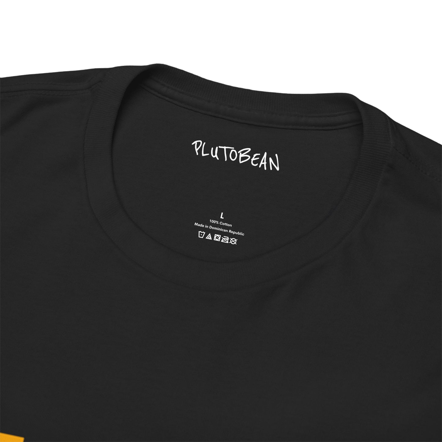 Close-up of collar and tag on black FIELD UNIT tee with sleeve star detail