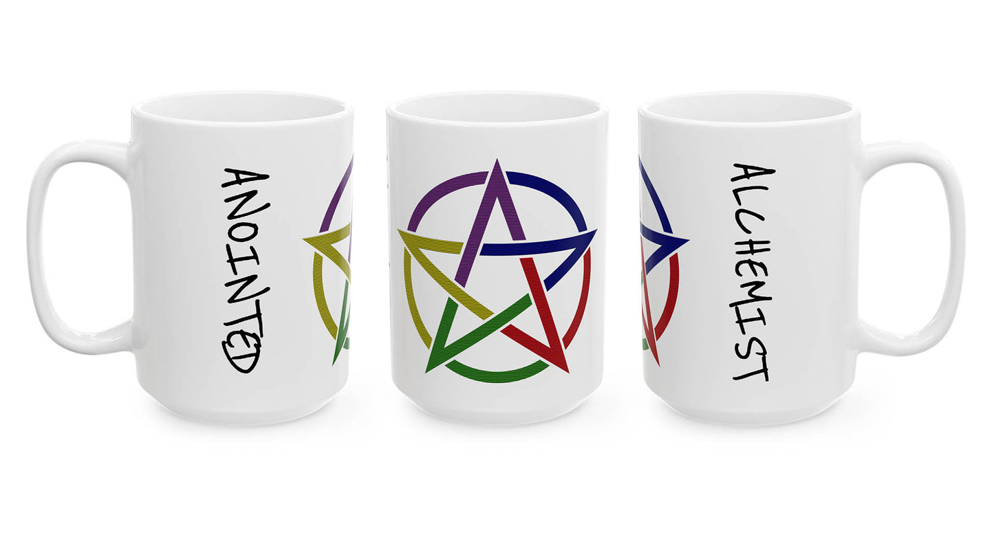 Three white mugs with symbols and text on a white background