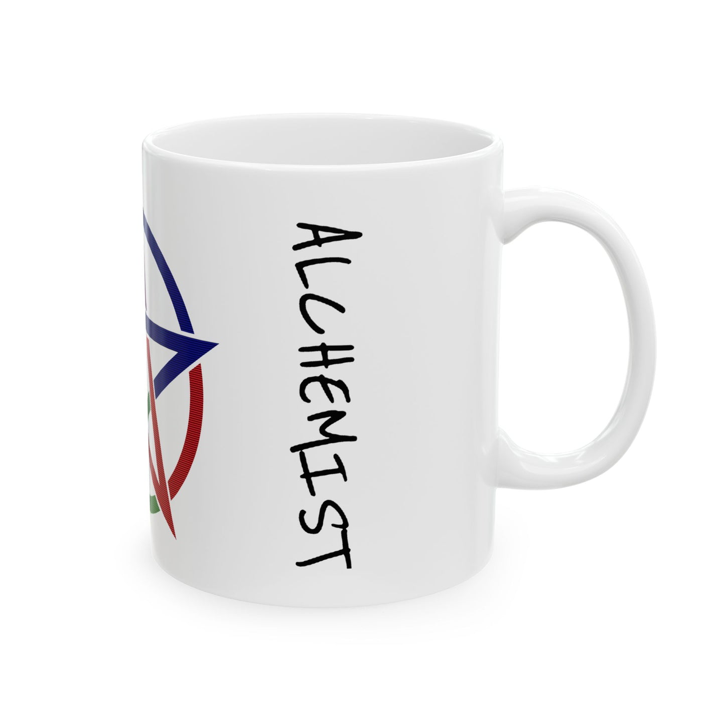 Side of the 11oz mug featuring the word “ALCHEMIST” in black, vertically aligned.