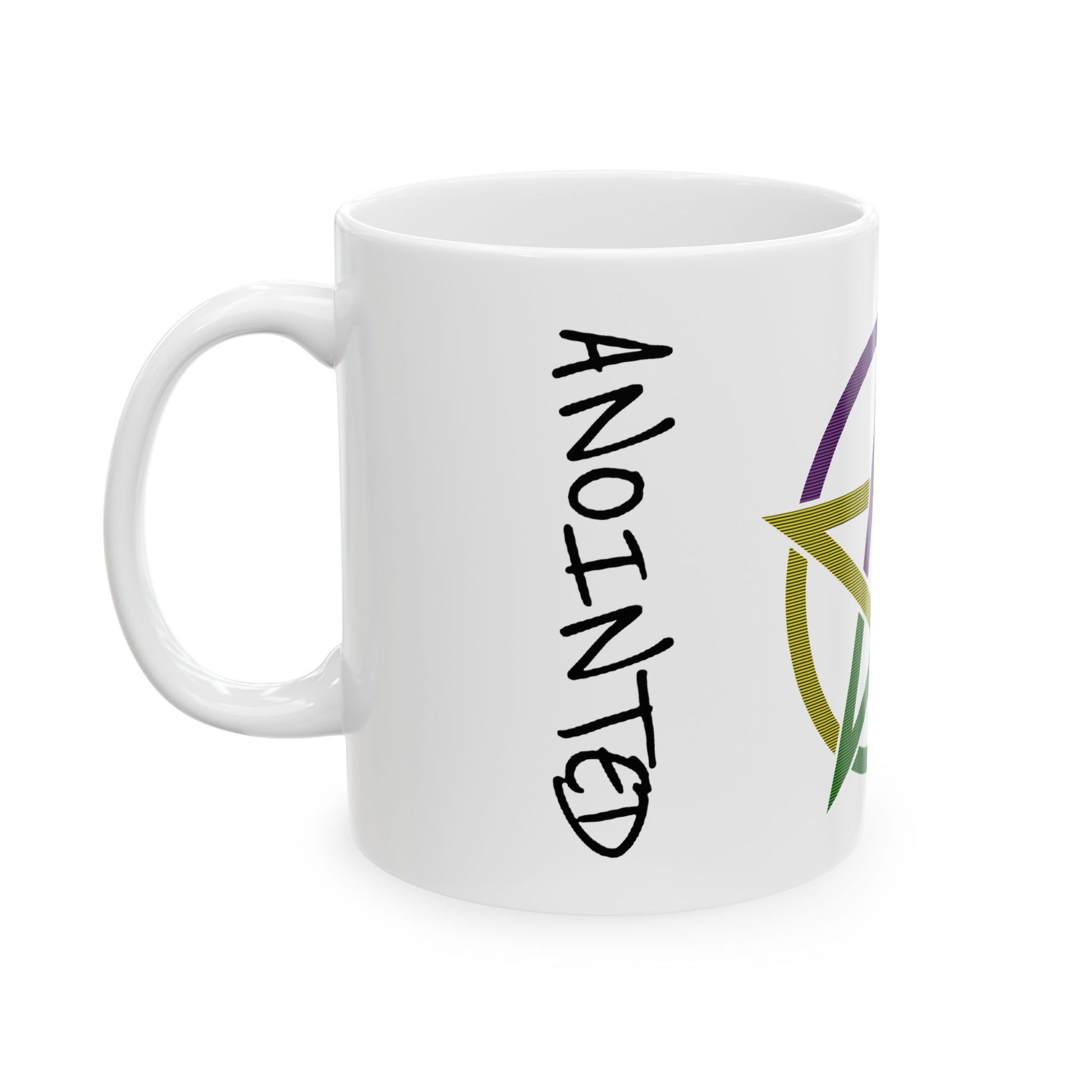 Side of the 11oz mug featuring the word “ANOINTED” in black, vertically aligned.