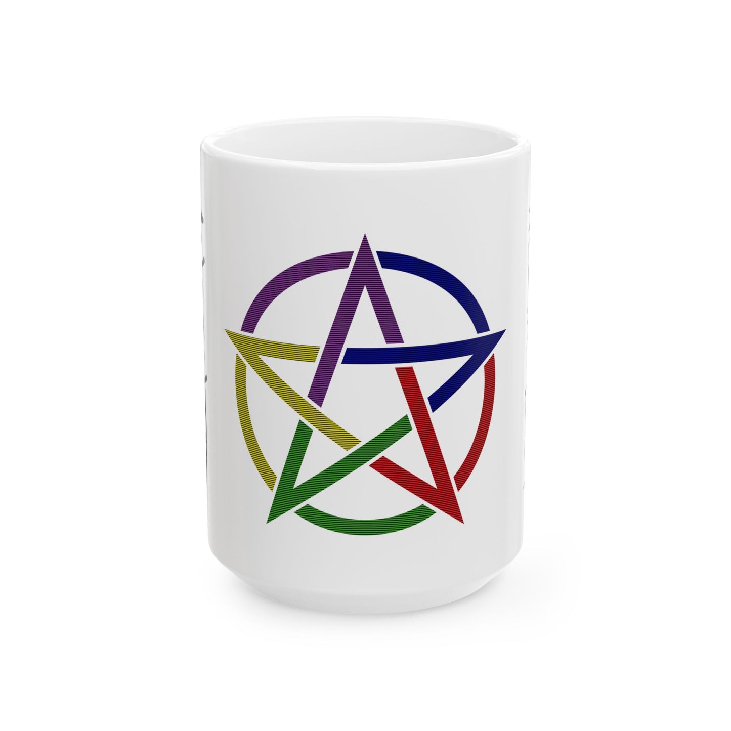 15oz white ceramic mug with a bold multicolor star symbol representing earth, air, fire, water, and spirit.