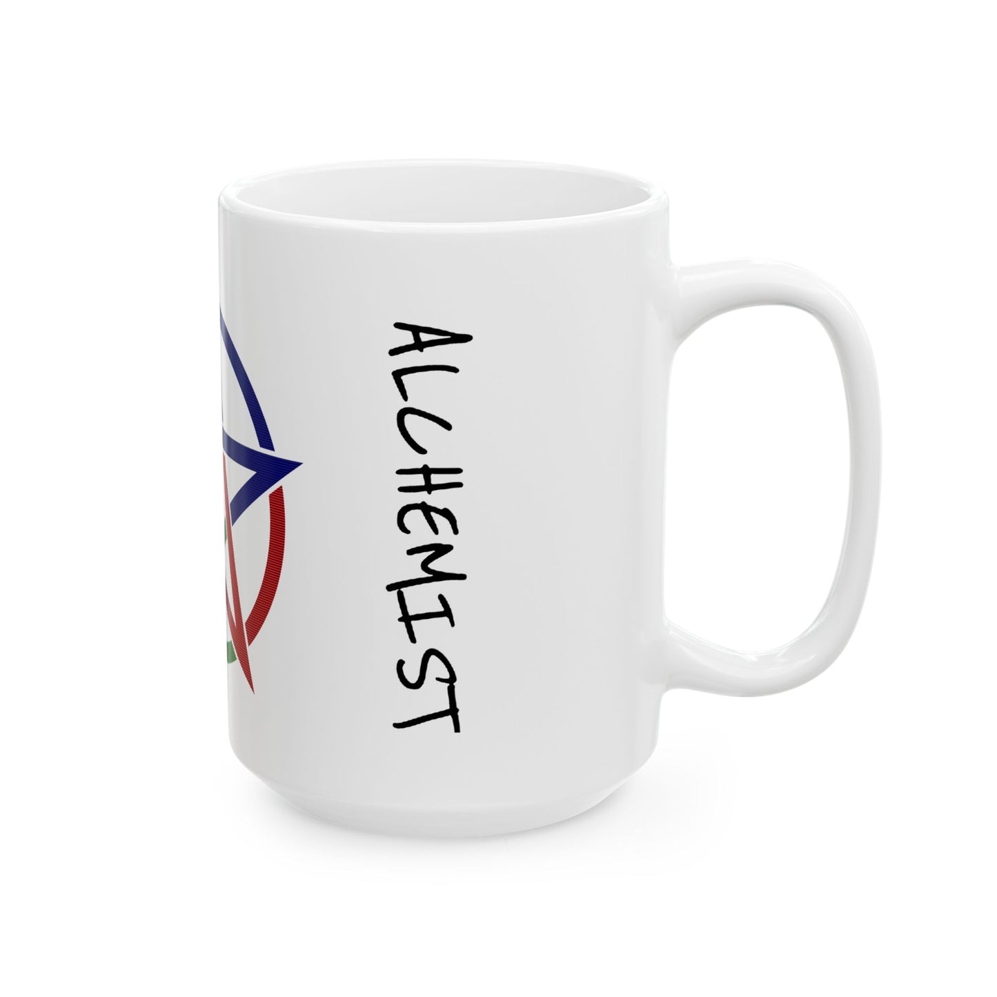 Side of the 15oz mug printed with “ALCHEMIST” in vertical black lettering.