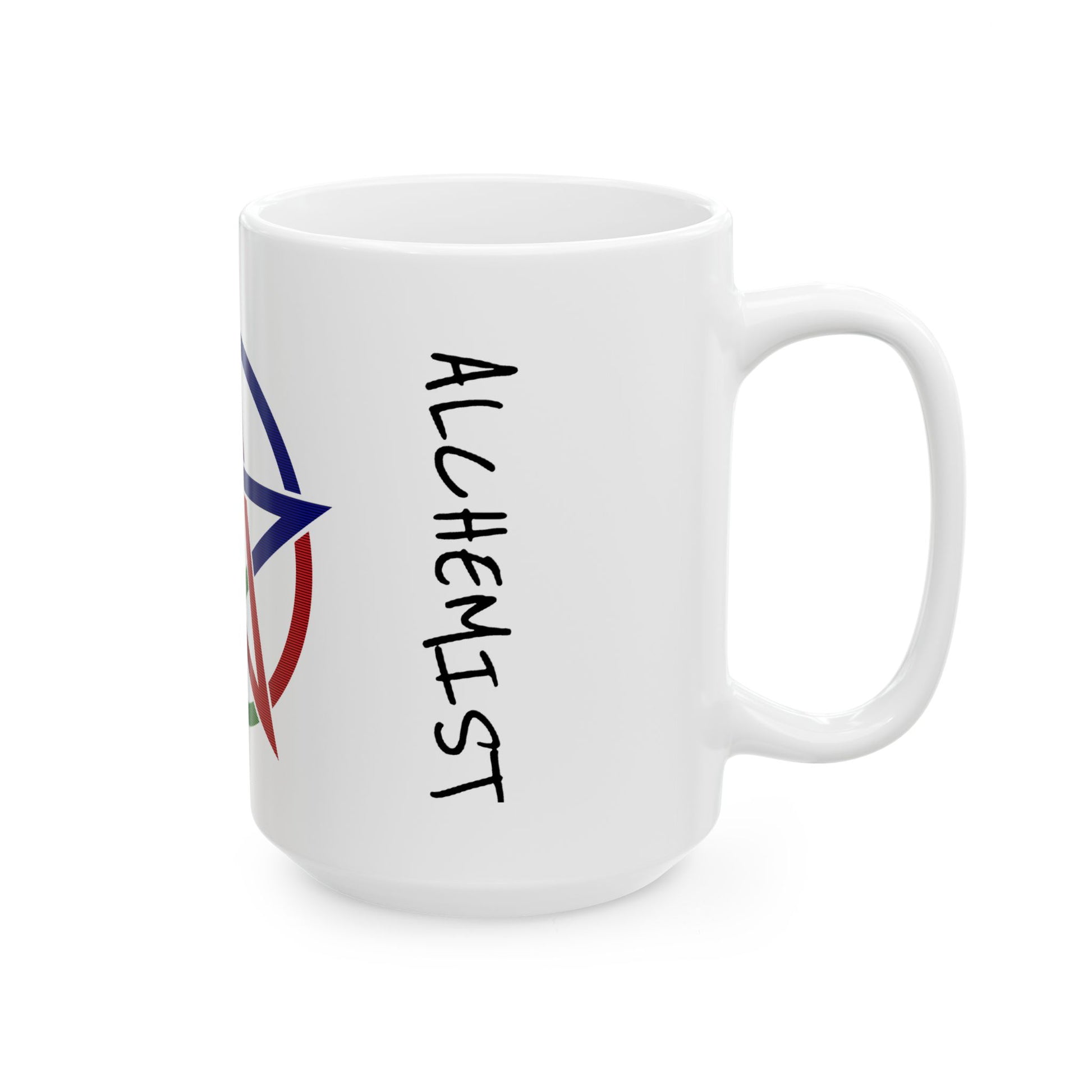 Side of the 15oz mug printed with “ALCHEMIST” in vertical black lettering.