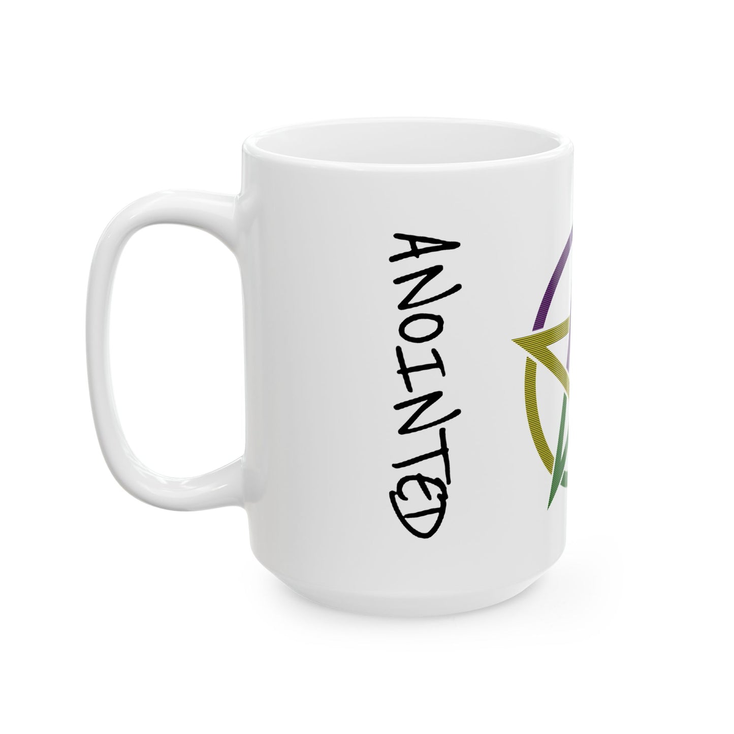 Side of the 15oz mug printed with “ANOINTED” in vertical black lettering.