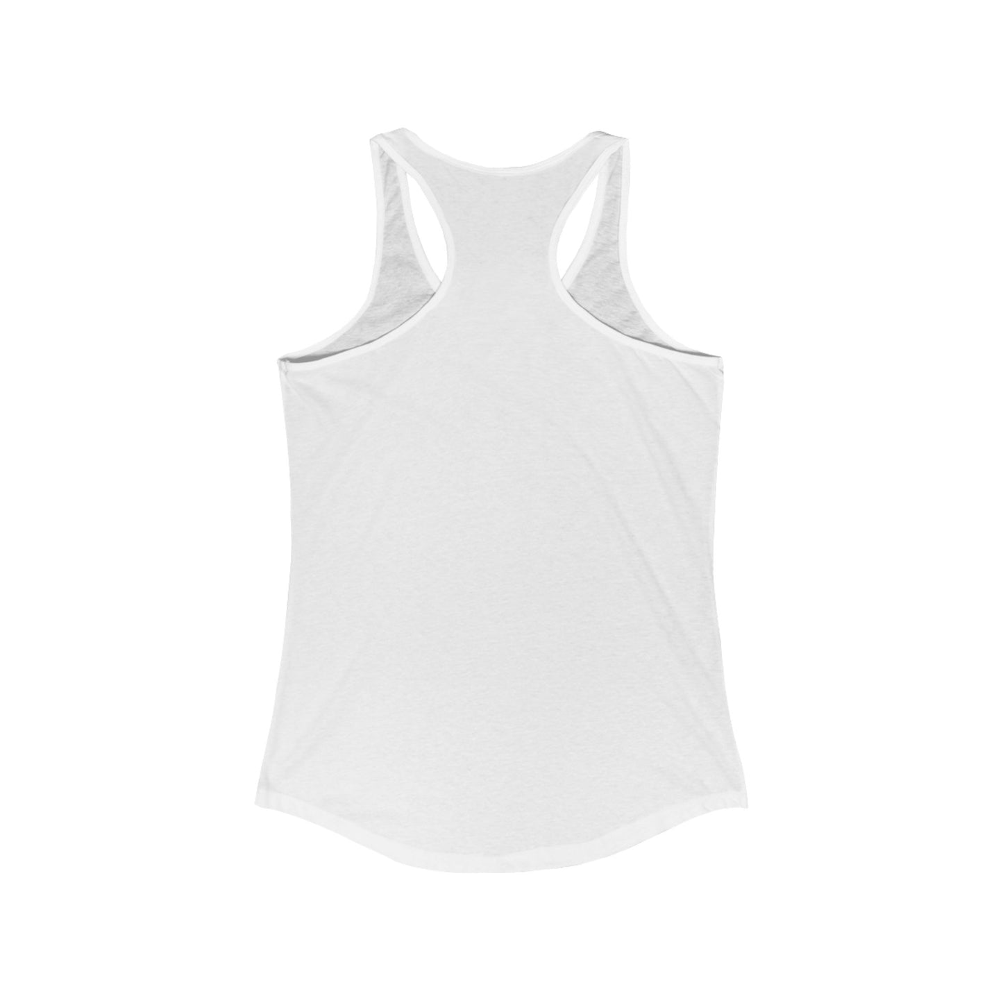 Back view of white racerback tank top with no visible text or design.