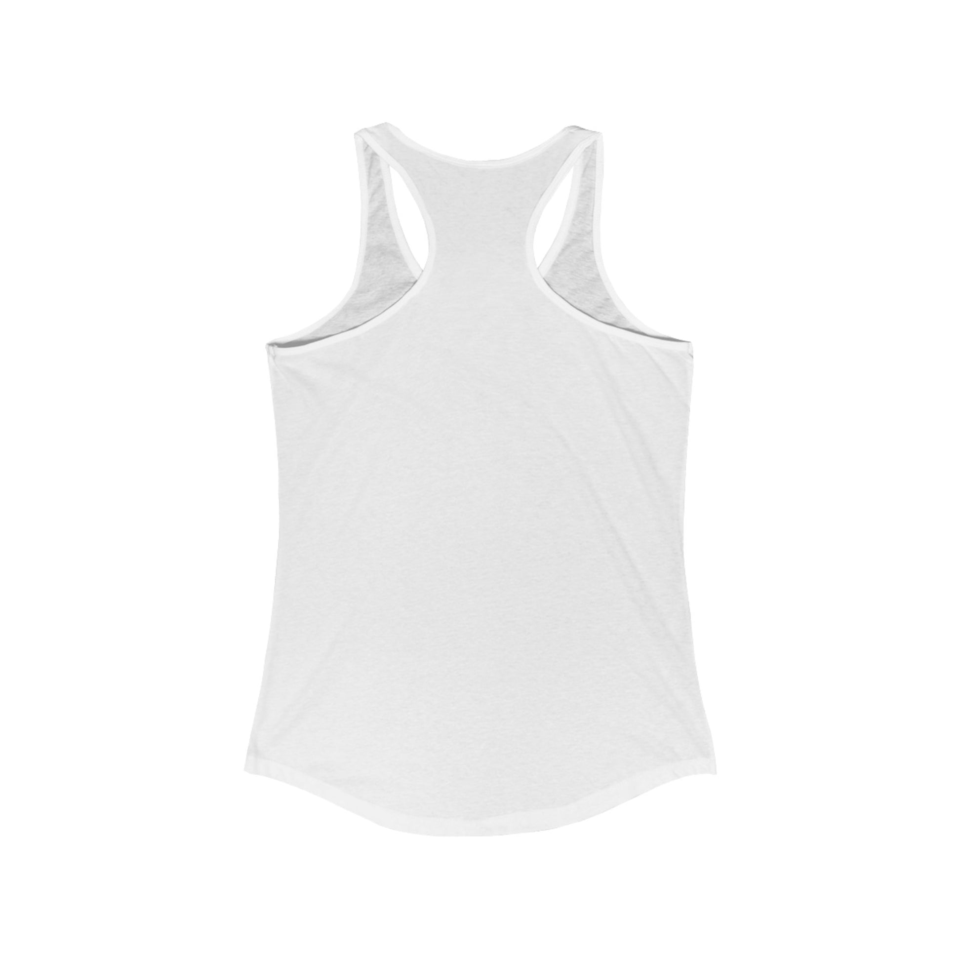 Back view of white racerback tank top with no visible text or design.