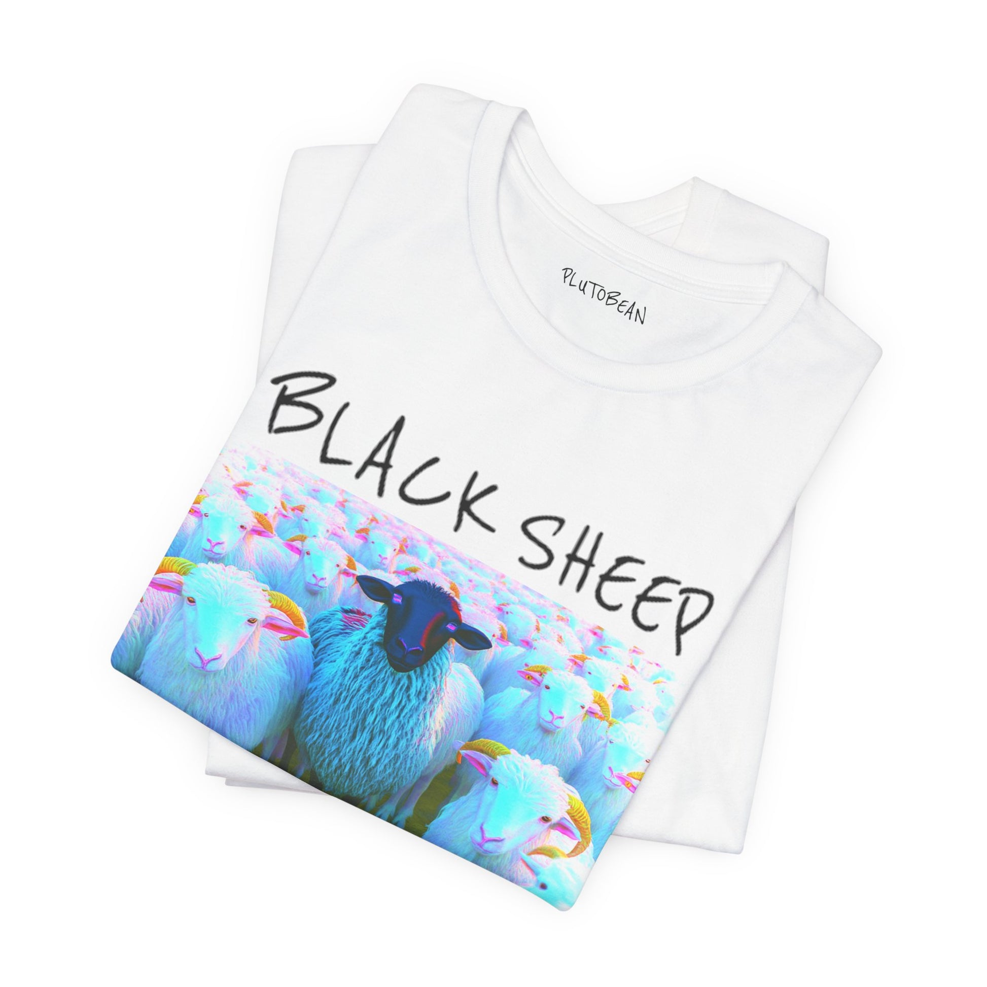 Folded white tee showing the BLACK SHEEP graphic with pastel sheep and bold handwritten title