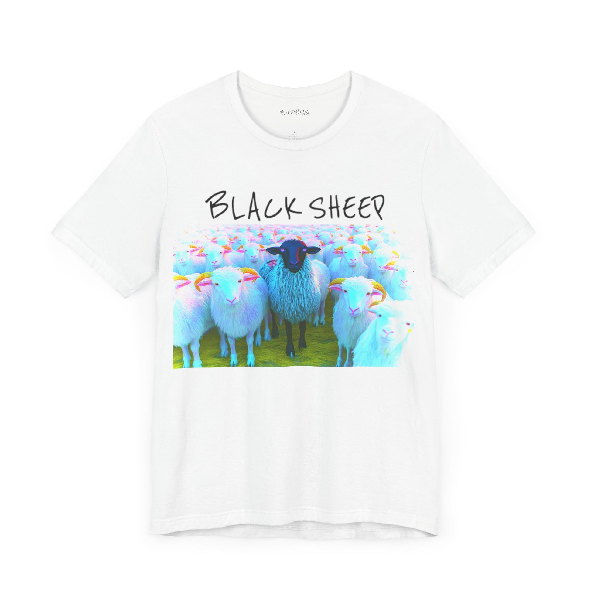 White t-shirt with a graphic of a single black sheep standing among glowing pastel sheep, with handwritten “BLACK SHEEP” text above the image