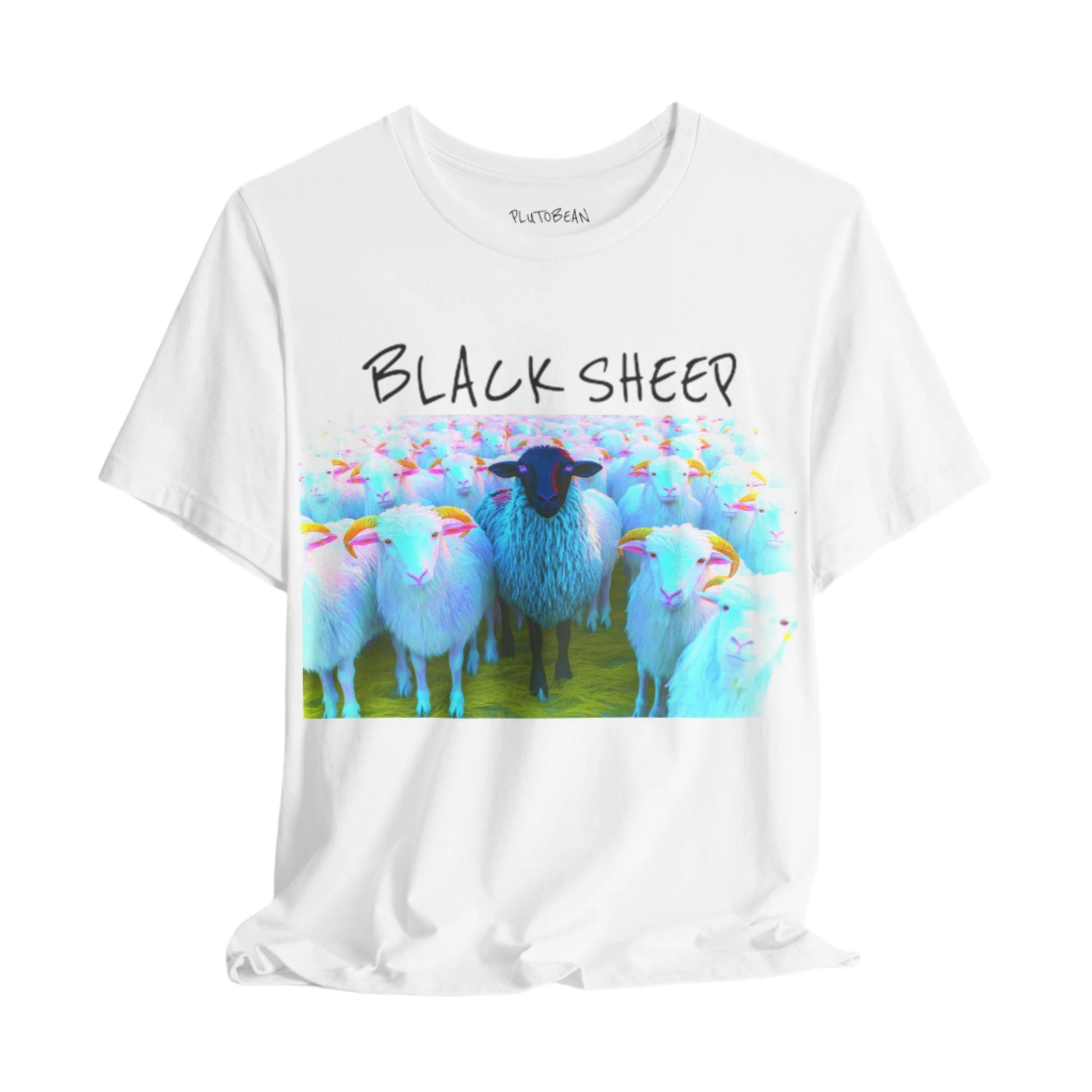 White t-shirt on hanger featuring a bold BLACK SHEEP title above a vibrant crowd of pastel sheep with a single black sheep in the center

