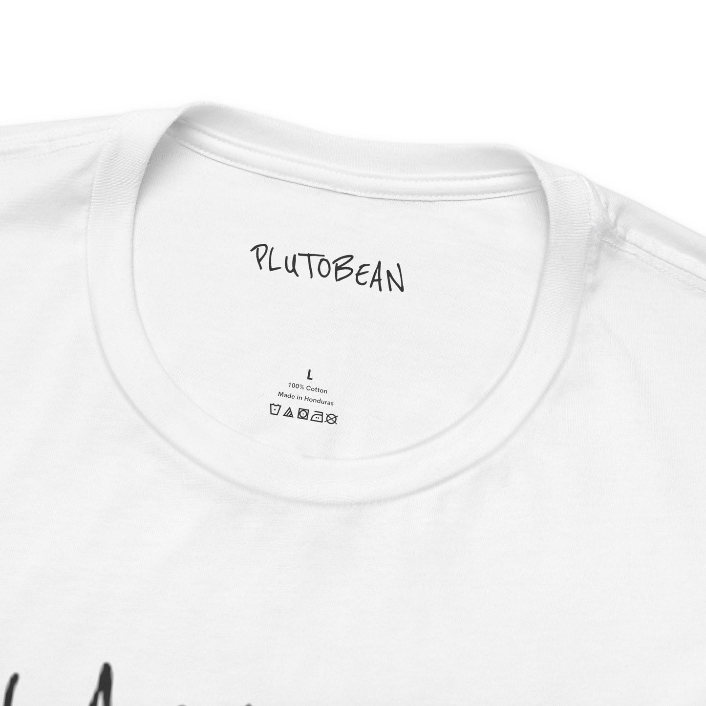 Close-up of neckline and collar tag on BLACK SHEEP tee in white