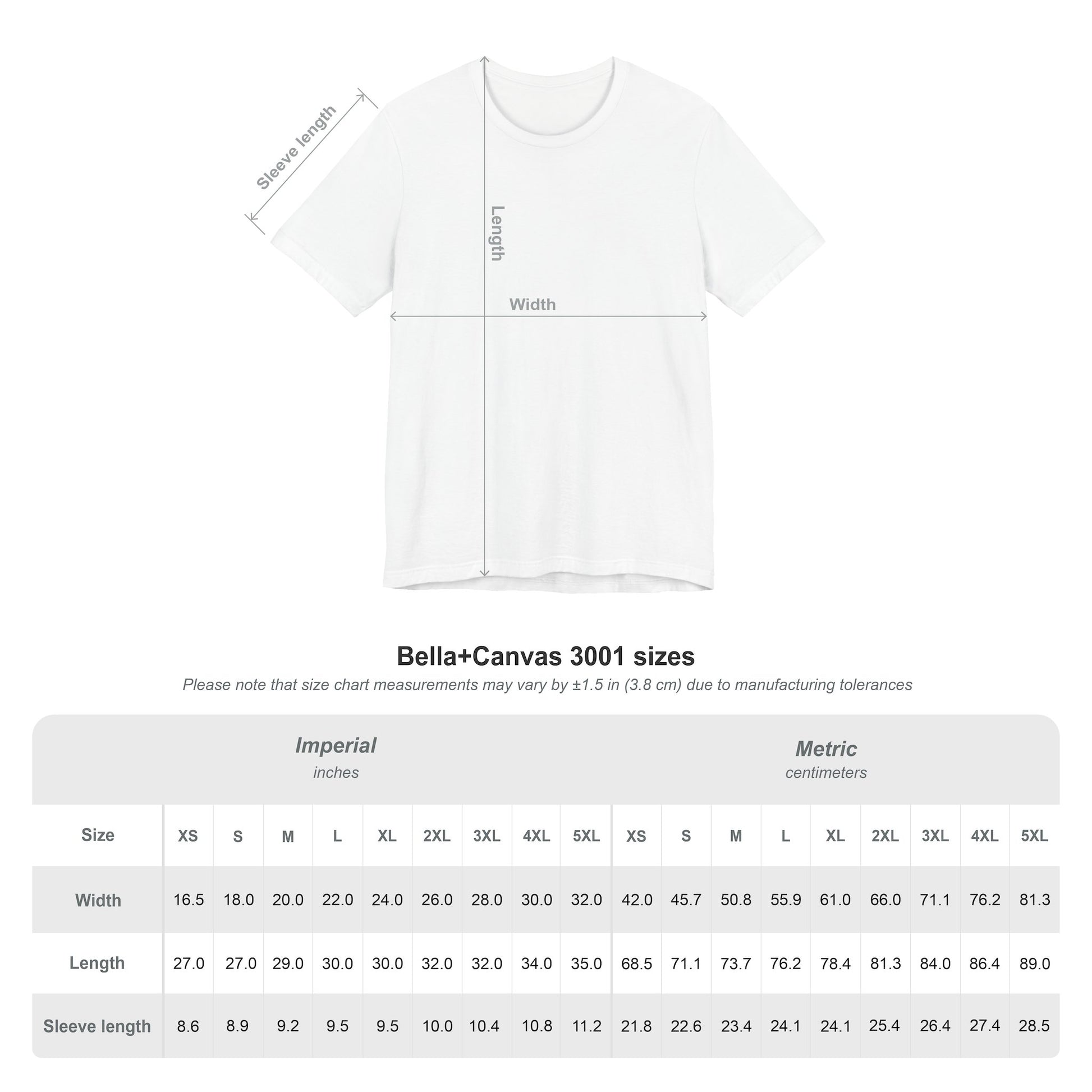 Size chart for BLACK SHEEP tee in white with unisex sizing and fit guide